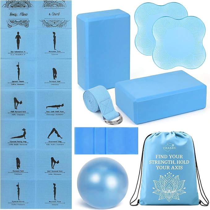 Foldable Yoga Mat and Blocks Set for Women with 2 Pack Yoga Blocks and Strap,Thin Non Slip Pilates Mat with Bag, Home Workout Equipment Essentials Starter Kit for Beginners Full Body Toning