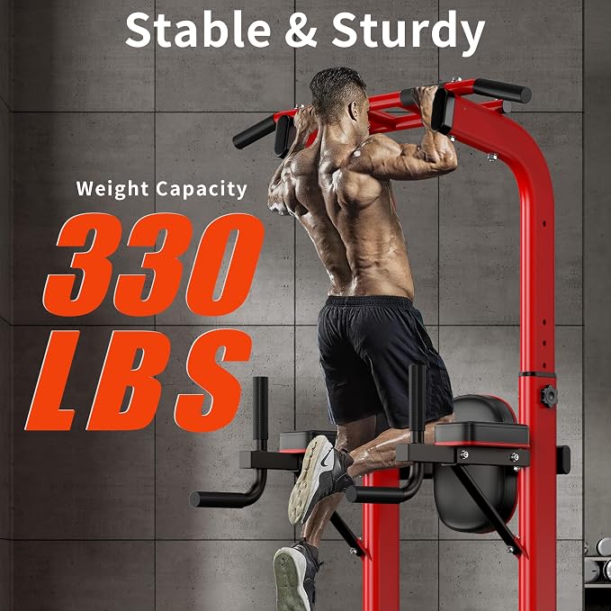 SogesHome Pull Up Bar and Dip Station Adjustable Home Gym Fitness Equipment | Multifunctional Heavy Duty Power Tower 330LB Capacity, Free Standing Strength Training Exercise Machine for Full Body Workout