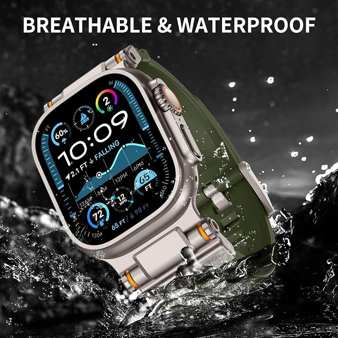 Band Compatible with Apple Watch Ultra 3/2/1 Band 49/46/45/44mm | Metal Connector with Silicone Rugged Strap for iWatch Ultra Series 11/10/9/8/7/6/SE3/SE2/SE/5/4/3/2/1, Army Green/Titanium