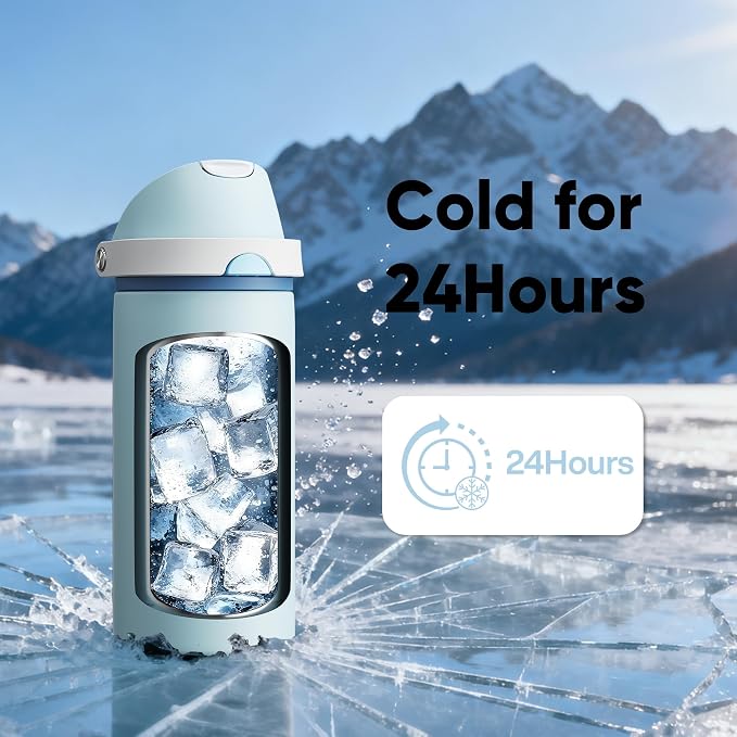 Insulated Water Bottle with Straw - Encool Stainless Steel Water Bottle with Push Button Lid, Leak-Proof & BPA-Free, Keeps Cold for 24 Hours for Sports, Travel, Gym (18 oz, Jungle Mist)