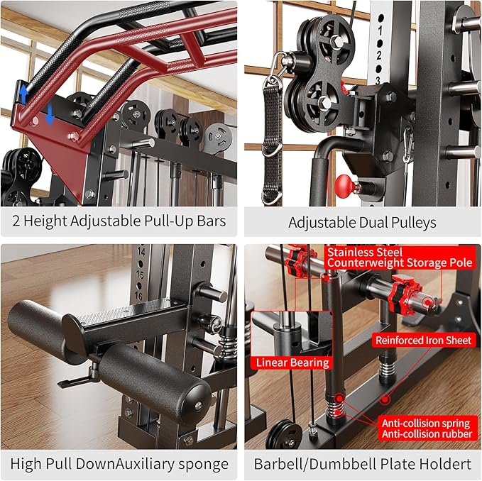 Multi-Purpose Squat Rack,Smith Machine Weight Rack Set with Cable Crossover System, Home Gym Power Racks, Power Racks and Packages