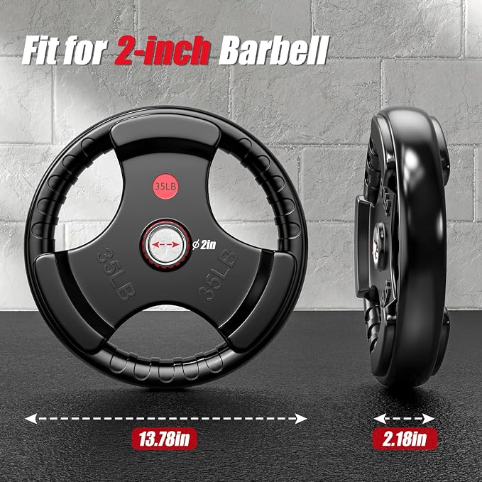 Gikpal Olympic Weight Plates, 2-Inch Three-Grip Rubber Coated Barbell Plates with Steel Hub, Cast Iron Weights for Strength Training & Home Gym, Pair or Sets (2.5–45LB)