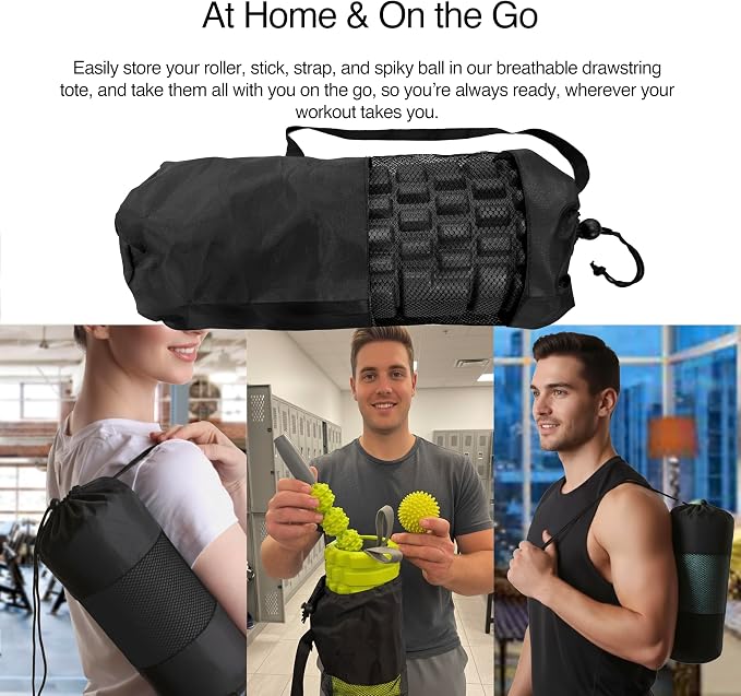 321 STRONG 5-in-1 Massage Set, Complete Mobility Kit for Workout Recovery | Deep Tissue Roller for Legs, Spikey Foot Ball, Hamstring Stretch Strap, Quad Roller Stick, Carry Bag