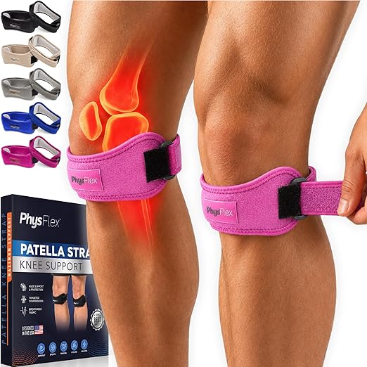 PhysFlex 2 Pack Patella Knee Brace - Knee Support and Pain Relief, Running, Hiking, Basketball, Jumpers Knee, Tendonitis, Adjustable Strap Patellar Tendon Stabilizer (Pink)