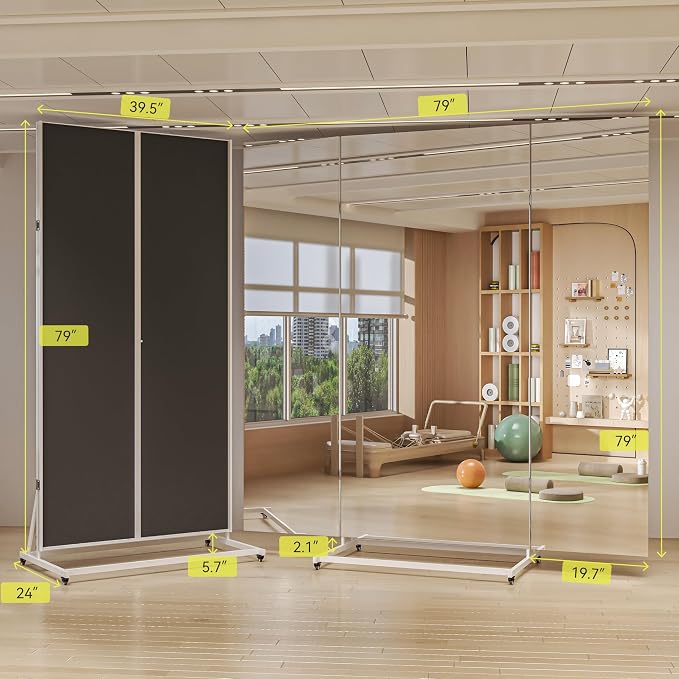 Hasipu 79"×79" Large Tri-Fold Full Length Rolling Mirror | Tempered Glass Movable Home Gym Mirror on Wheels with Stand for Gym, Dance Studio, Fitness Room, and Home