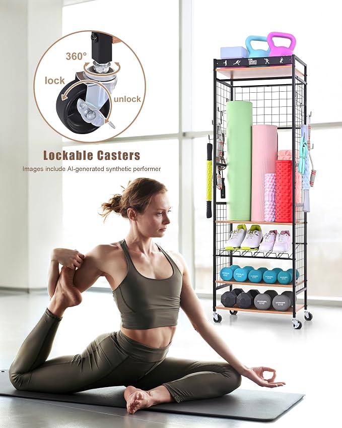 Mythinglogic Home Gym Storage Rack with Wheels for Dumbbells and Yoga Mats | Versatile storage with shelves, hooks and side holders for kettlebells, foam rollers, bands, weight plates and gym gear