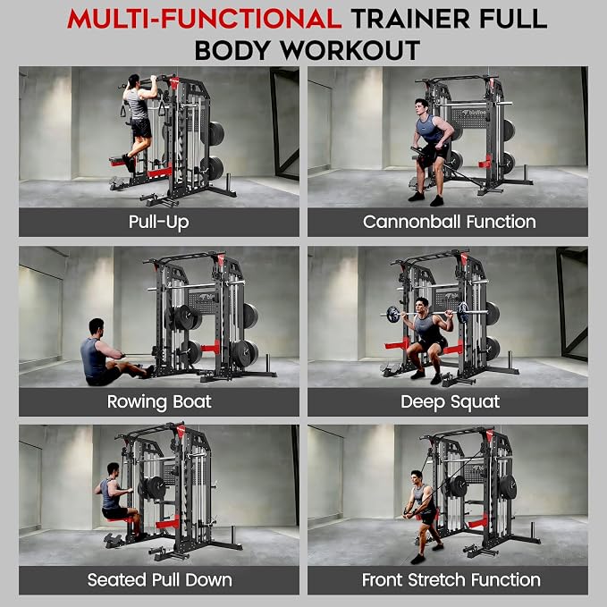 Multi-Function 2000LB Power Cage Smith Machine, Dual Pulley Cable Crossover | Home Gym Squat Rack Featuring LAT Pulldown, Power Rack with Olympic Bar & Strength Training Attachments, Pegboard