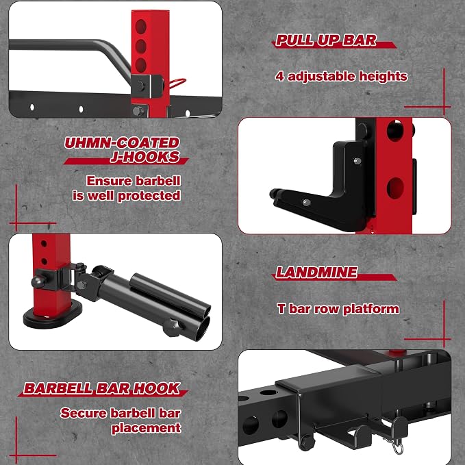 MU 2" x 2" Folding Squat Rack, 1100LBS Wall Mounted Power Rack with Adjustable Pull Up Bar, J Hooks, Landmine, Foldable Squat Rack for Home Gym, Garage, Training Studios (Black and Red)
