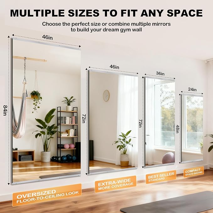 48''x24'' Exercise Mirror for Home Gym Full Length, Garage Gym Wall Mirror, Large Workout Mirrors Frameless Tempered Glass for Gym, Yoga, Bedroom, Dance Studio, Living Room