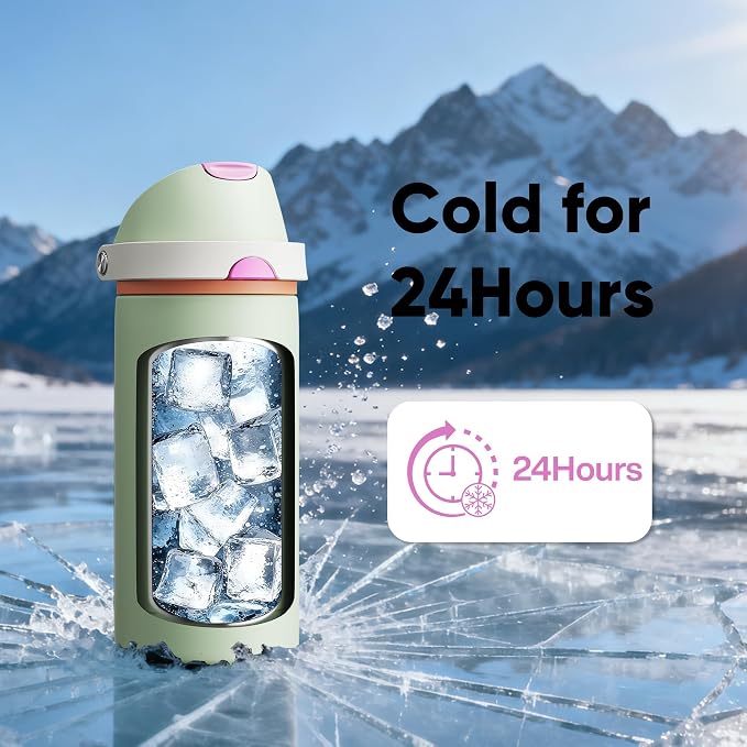 Insulated Water Bottle with Straw - Encool Stainless Steel Water Bottle with Push Button Lid, Leak-Proof & BPA-Free, Keeps Cold for 24 Hours for Sports, Travel, Gym (18 oz, Geyser Green)
