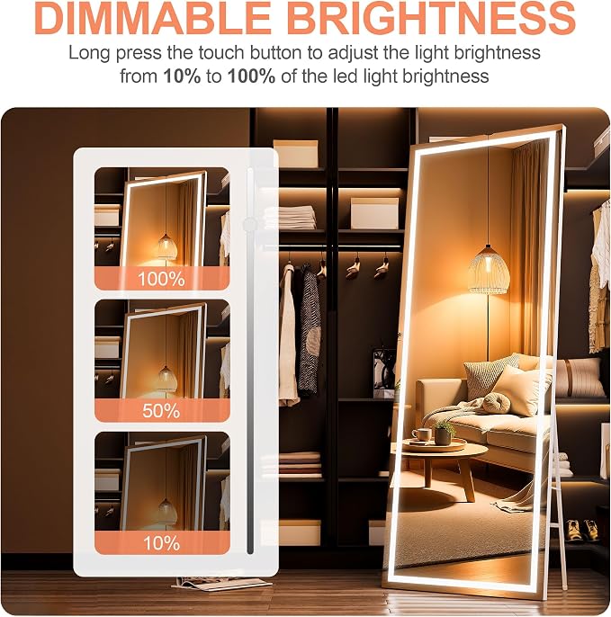 71" x 28" Full Length Mirror with Lights, LED Lighted Floor Standing Body Mirror, Dimmable & 3 Color Lighting for Bedroom, Cloakroom, Dressing Room, Tempered Glass, White Frame