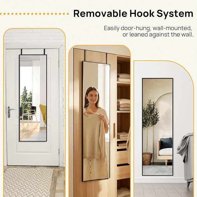 Alpen Black Over The Door Mirror, 47x14 Inches Full Body Mirror Full Length | No Drill for Setup, Easy Door Hanging Use for Closet Organization, Space Saving Bedroom Accessories and Daily Checks