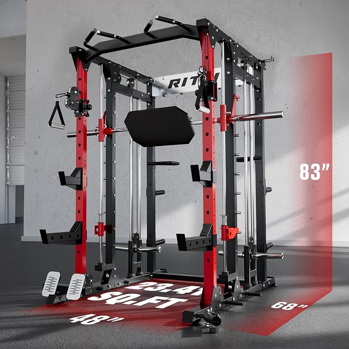 RitFit Buffalo Smith Machine, Power cage with LAT-Pull Down System & Cable Crossover System, All-in-One Squat Rack for Home Gym, Power Rack
