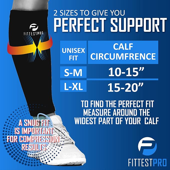 Fittest Pro Calf Compression Sleeves and Leg Wraps for Shin Splint Support, Pain Relief for Running, Basketball, Cycling