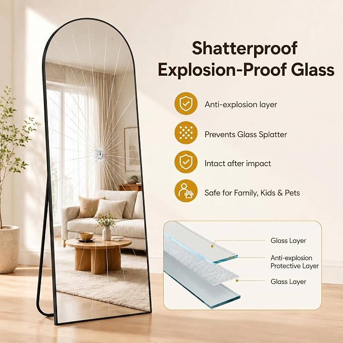 Antok Full Length Mirror, 46"x86" Floor Mirror with Stand, Hanging Mounted Mirrors for Bedroom, Living Room, Cloakroom, Dining Room, Black, Arched