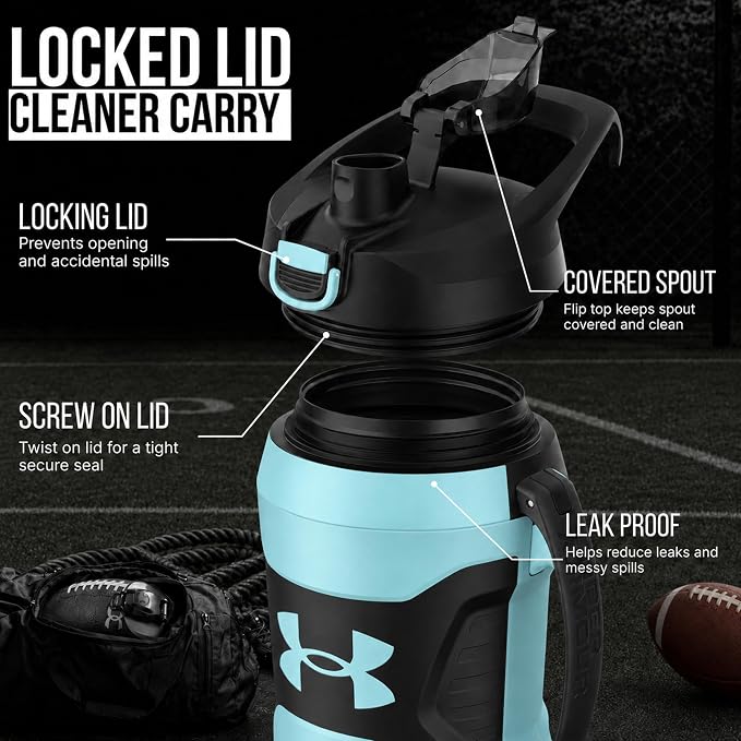 Under Armour Insulated Water Bottle with Handle & Fence Hook, Half Gallon Sports Water Jug, Leak-Resistant & BPA-Free for Baseball, Football & Gym - Breeze Blue/Black, 64oz