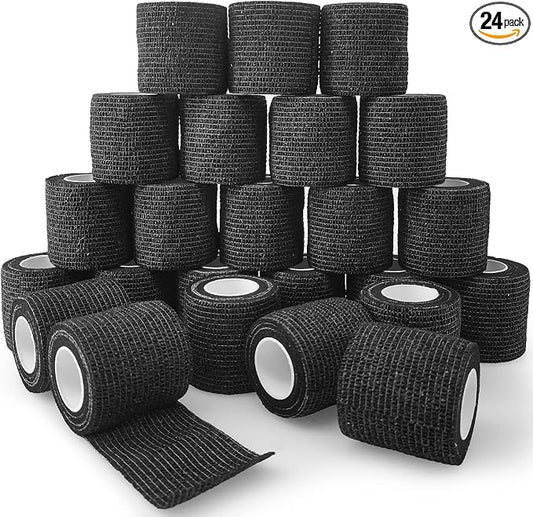 24 Rolls Black Elastic Self Adhesive Bandage Wrap 2 Inch, Breathable Cohesive Bandage, Ankle Sprains Swelling Medical First Aid Sports Athletic Grip Tape, Dogs Pet Vet Wrap