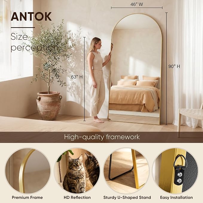 Antok 91" x46” Arched Full Length Floor Mirror, Gold Aluminum Frame, Free Standing/Wall Mount/Leaning for Bedroom, Living Room, Dressing Room