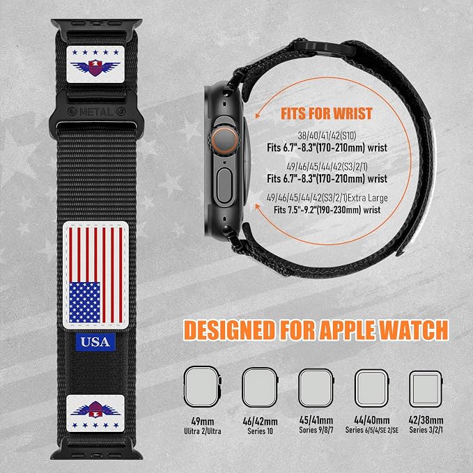 Rugged Nylon for Apple Watch Band for Men Series 11/10/9/8/7/6/SE/5/4/3/2/1 iWatch Bands Man,Soft Woven Adjustable Stars-Stripes Flag Wristbands Strap for Apple Watch SE 3/2/1 42mm 41mm 40mm 38mm