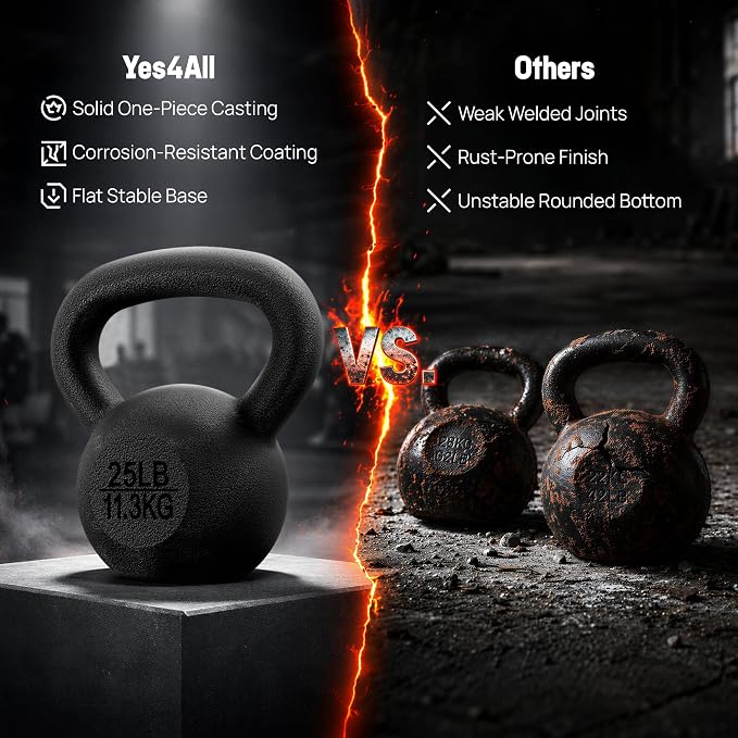 Yes4All Cast Iron Kettlebell, Strength Training Kettlebells 5-80 Lb (5,10,15,20,25,30,35,40,45,50,60,70,80 Lb) for Full Body Workout, Push up, Strength Training - Single & Kettlebell Set of 2 for Men