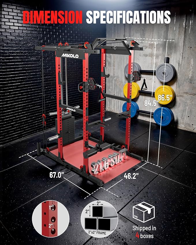 Mikolo K6 2.0 Power Cage, Power Rack with Cable Crossover System, 2000LBS Squat Rack with LAT Pull Down System, Functional Trainer with Aluminum Pulley System for Home Gym