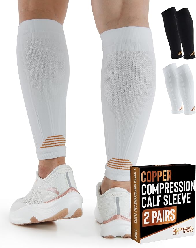 Doctor's Select 2 Pairs Copper Calf Compression Sleeve - Leg Compression Sleeves for Women & Men, Shin Splint Relief