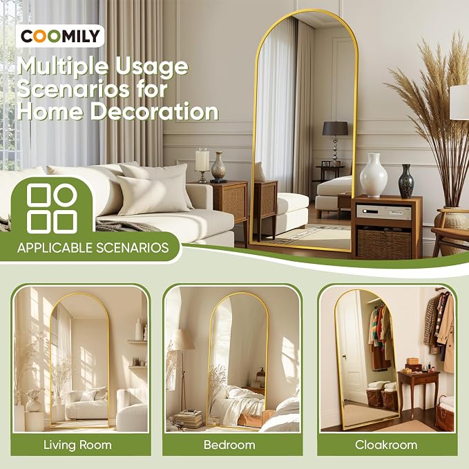 Full Length Mirror 58" L x 18" Full Body Standing Mirror for Bedroom, Living Room, Gym, Dorm - Shatter-Resistant & Easy Assembly, Arched Style Gold