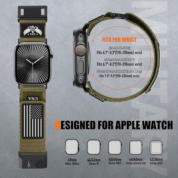 Rugged Nylon- Compatible with Apple Watch Ultra 3/ Ultra 2 Band 49mm Men,Tactical Soft Woven Stars- Stripes Flag Sport Strap for iWatch Bands 46mm 45mm 44mm 42mm Series 11 10 9 8 7 6 5 4 3 2 1 Se