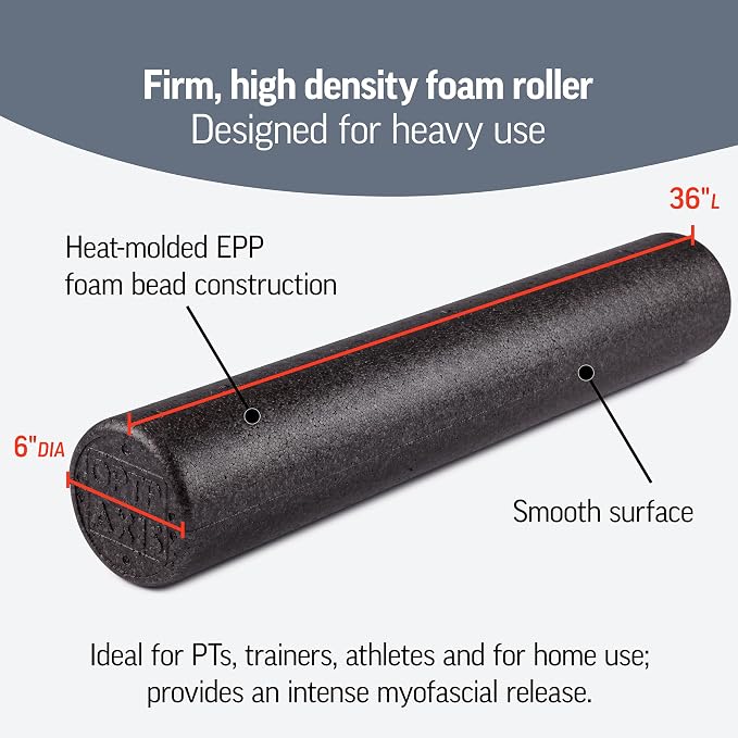 OPTP AXIS Firm Density Foam Roller – Round, Black, 36" x 6" | High density foam roller for heavy use, physical therapy, yoga, Pilates, fitness exercise & sports training, smooth surface
