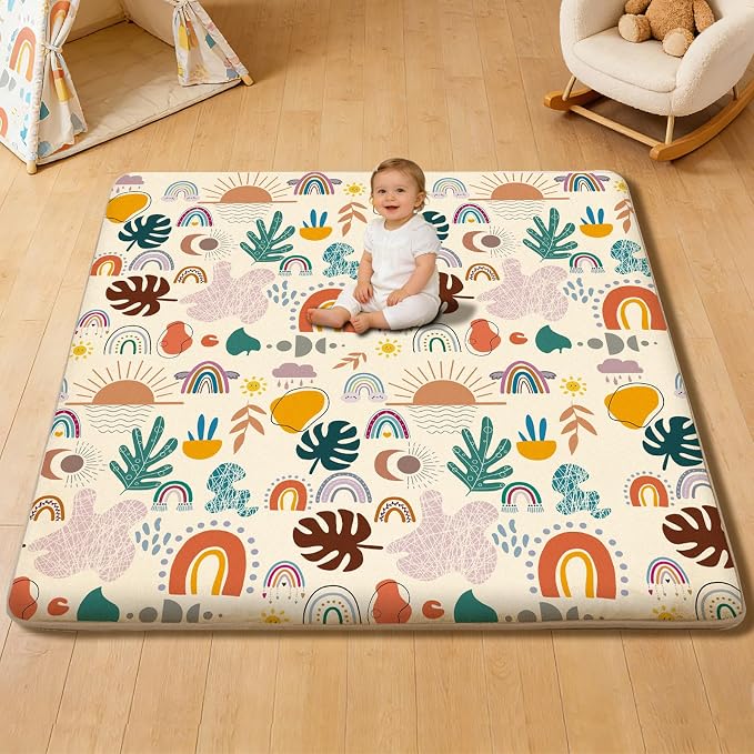 Baby Play Mat for Floor, 71'' x 59'' Thicken Foam Soft Padded Playmat for Tummy Time, Playpen Mat for Toddlers Infant Kids, Water-Repellent Coral Velvet, Non-Slip Bottom Safe for Crawling (Boho)
