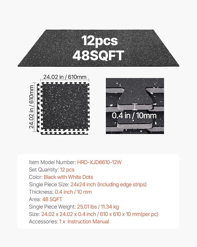 VEVOR 0.4Inch 48sq.ft 12 Tiles Gym Flooring for Home Gym, Rubber Top with High Density EVA Foam, 24 x 24In Gym Floor Exercise Equipment Mats, Interlocking Gym Mats, Puzzle Workout Mats, Black & White | Rubber Top with High Density EVA Foam, Lightweight...
