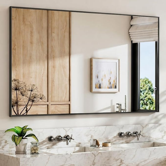 36" x 48" Matte Black Wall Mirror for Bathroom, 48" x 36" Oversized Rectangular Metal Framed Decor, Wide Accent Mirror for Living Room & Vanity