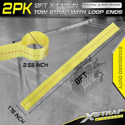XSTRAP STANDARD 2PK 1-3/4''x 8FT Lifting Sling Web Tow Straps w/Loop End | 5000 lbs Breaking Strength, Heavy Duty Flat Lift Sling Web Straps for Rigging, Moving, Hoist, Tree Stump Removal