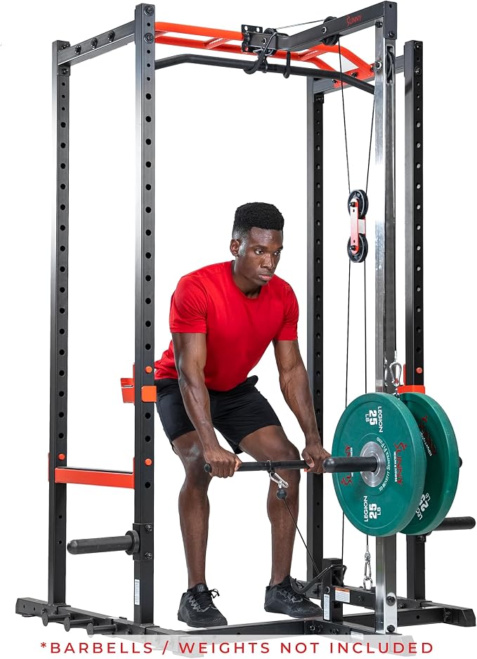 Sunny Health & Fitness Power Zone Strength Rack Power Cage - 1000 LB Weight Capacity, Spotter Bar, Angled Pull-Up Bar, J-Hooks, Resistance Band Pins, Optional LAT Pull Down