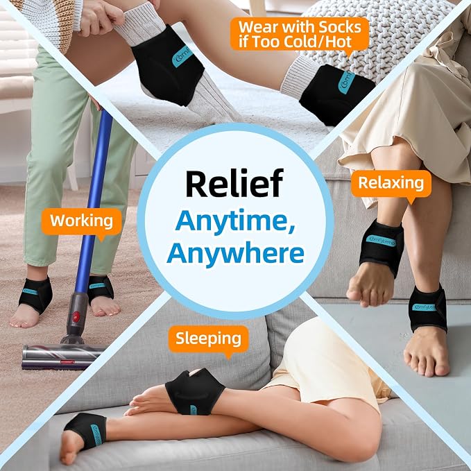 Comfytemp Ankle Ice Pack Wrap for Sprained Ankles, Plantar Fasciitis, 2pcs | FSA Eligible HSA, Foot Pain Relief, Reusable Gel Ice Hot Cold Compress Brace for Achilles Tendonitis, Injury, Swelling, Black
