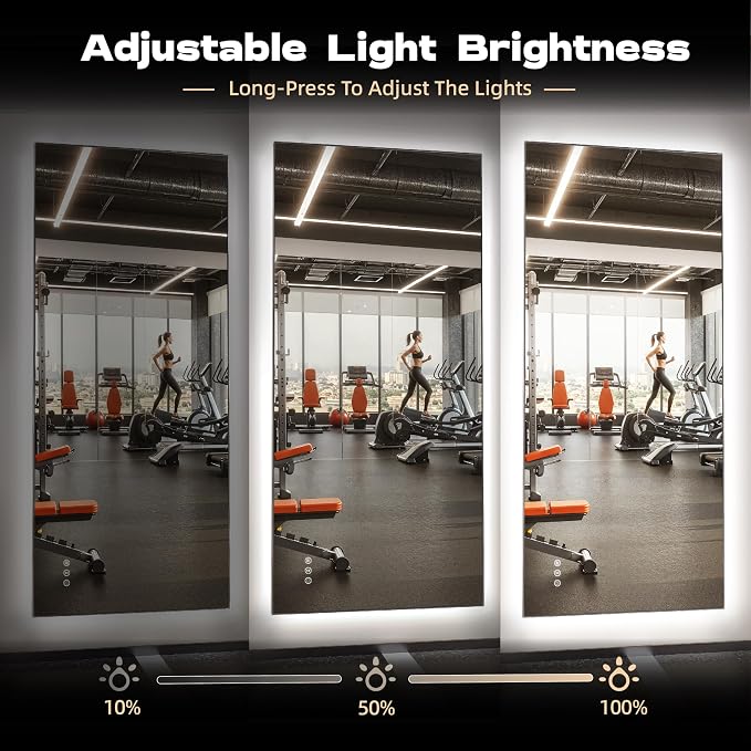 Hasipu 95''x 40'' Home Gym Mirror with Lights Dimmable Anti-Fog Large Full Length Wall Mounted Full Body Mirror for Yoga Dance Fitness Exercise Studio Bedroom Garage, Tempered Glass Workout Mirrors