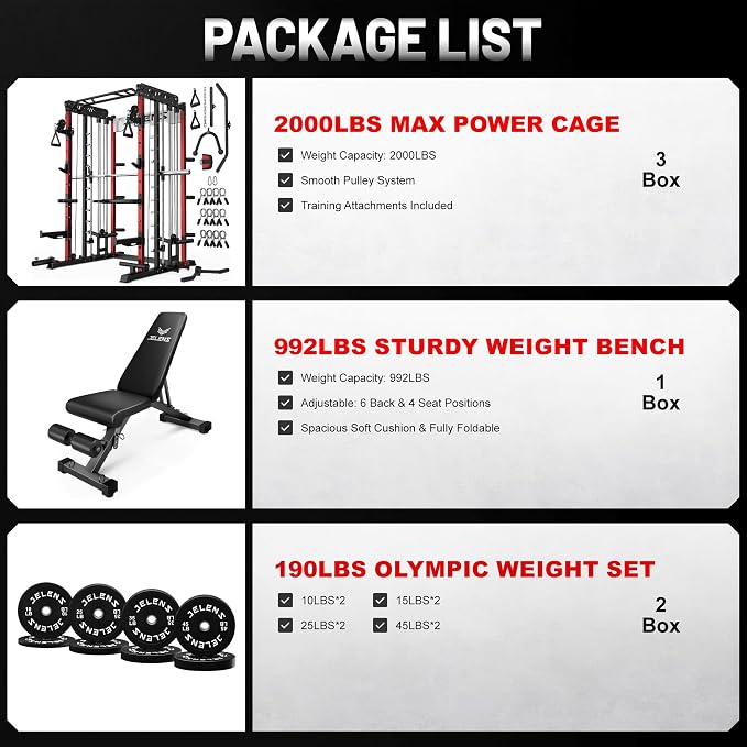 JELENS Smith Machine for Home Gym, Multi-Function M12 Power Cage with Cable Crossover System, Squat Rack with Smith Bar and More Attachment
