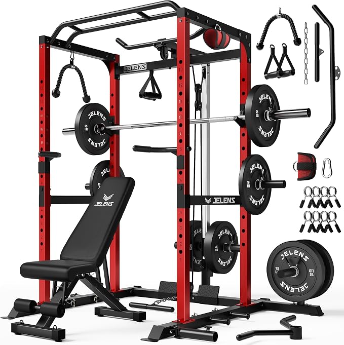 JELENS S21 Power Cage, Multi-Function Power Rack with Adjustable Cable Crossover System, 2000LBS Squat Rack for Home Gym with More Training Attachments
