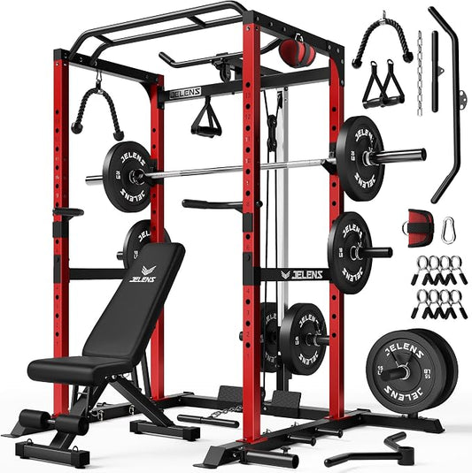 JELENS S21 Power Cage, Multi-Function Power Rack with Adjustable Cable Crossover System, 2000LBS Squat Rack for Home Gym with More Training Attachments