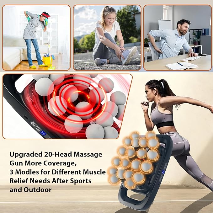 20 Head Portable Massage Gun,3 Modes,30 Levels,Deep Tissue | 20 balls massage deep tissue,30 speed levels,58kg force,25mm depth,USB-C,1800mAh,handhold massager