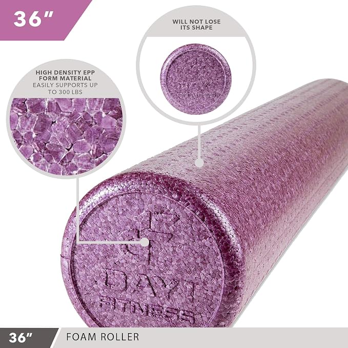 Day 1 Fitness High Density Muscle Foam Rollers - Sports Massage Rollers for Stretching, Physical Therapy, Deep Tissue, Myofascial Release - Ideal for Exercise and Pain Relief – Solid Purple, 36”