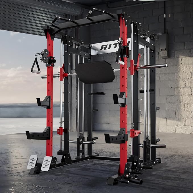 RitFit Buffalo Smith Machine, Power cage with LAT-Pull Down System & Cable Crossover System, All-in-One Squat Rack for Home Gym, Power Rack