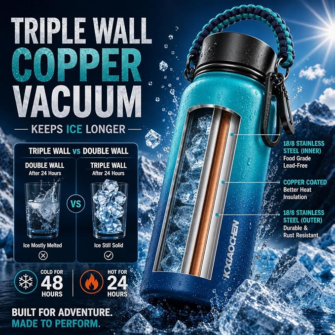 KXIAOCHEN Insulated Water Bottle with Strap, 48-Hour Cold, 2 Lids | Triple-wall insulation, lead-free 18/8 Stainless steel, paracord handle, carabiner clip, for gym, hiking, camping and travel