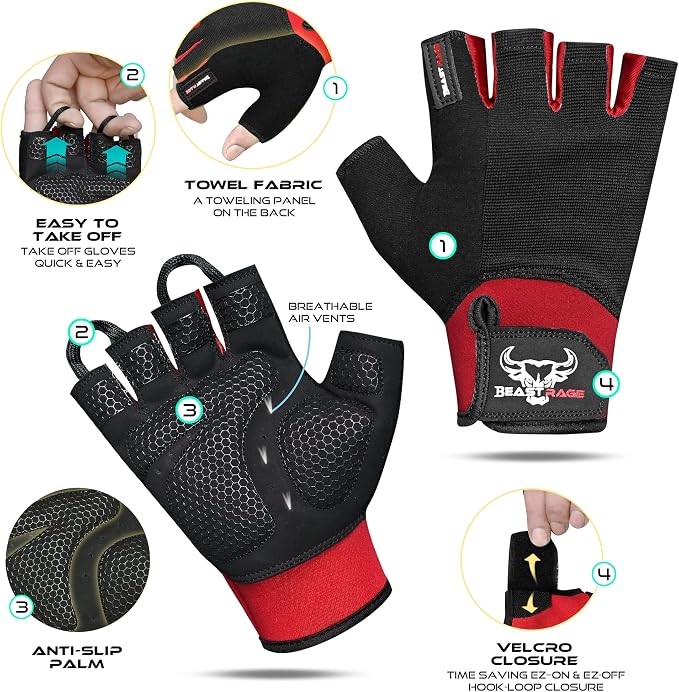 BEAST RAGE Workout Gloves for Men, Durable Palm Grip Gym Gloves Women Half Finger Elasticated Training Weight Lifting Strength Bodybuilding Anti Slip Cycling Gloves Exercise
