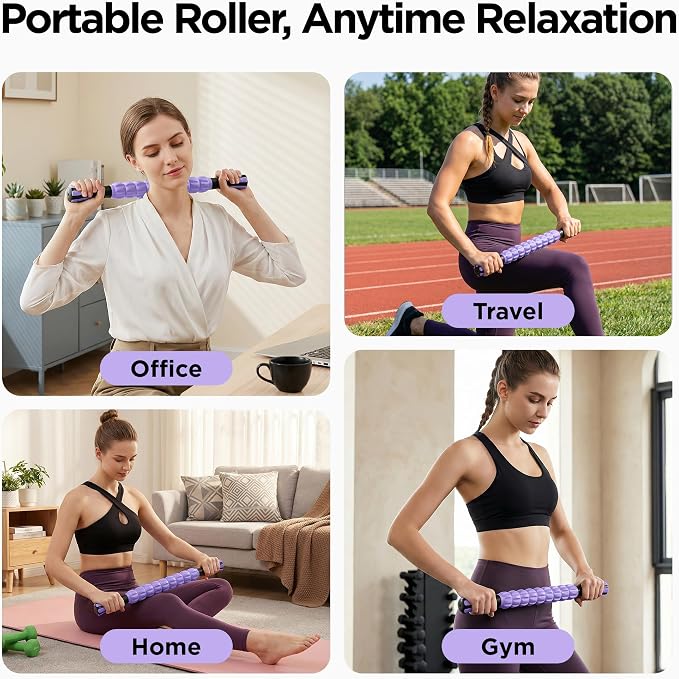 Muscle Roller & Massage Roller Stick for Athletes - Lymphatic Drainage Support, Relieves Muscle Soreness, Cramping & Tightness - Targets Legs, Arms, Back & Calves （Purple Wheel）