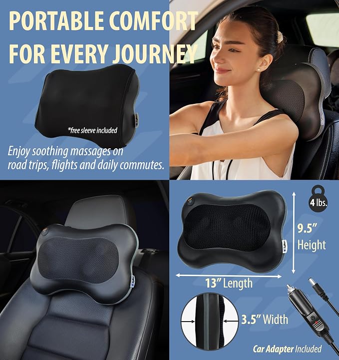 Zyllion ZMA-13 Back and Neck Massager with Heat for Pain Relief, Black | Shiatsu, Deep Tissue, 3D, Electric, Kneading, Massage Pillow, Muscle Therapy, Doctor Recommended, Car Adapter, Not Cordless