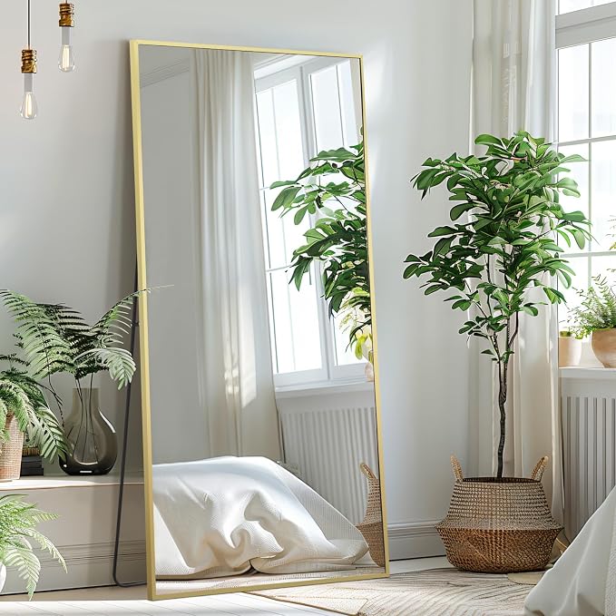 Full Length Mirror with Stand, 71"x32" Large Standing Mirror, Gold | Full Body, for Bedroom Living Room Gym, Shatterproof Tempered Glass, Leaning Wall, Hanging, Rectangular