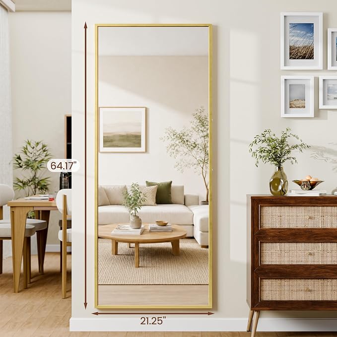 64"×21" Full Length Mirror, Shatterproof Tempered Glass Floor Mirror, Alum Alloy Thin Frame Standing Mirror with Freestanding/Leaning/Wall Mount for Bedroom, Living Room & Entryway, Gold