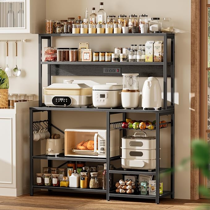 SUPERJARE Bakers Rack with Power Outlet, 47.2 Inches Coffee Bar with Basket | Kitchen Microwave Stand with 3 Level-Adjustable Open Shelves, with 7 S-Shaped Hooks, Black