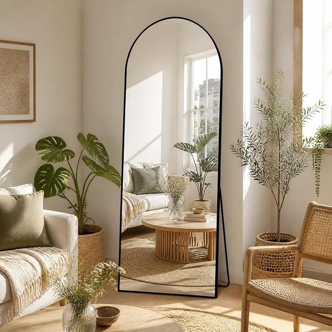 Arched Full Length Mirror 56"x21" Leaning Hanging Decor Black | Standing Body Mirror with Aluminum Frame for Bedroom Cloakroom Living Room Make-up Gift